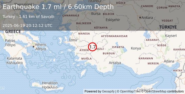 Earthquake WESTERN TURKEY (1.7 ml) (2025-06-19 20:12:12 UTC)