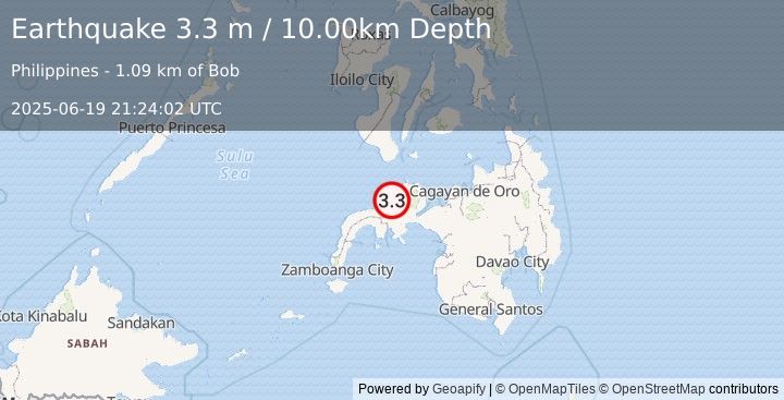 Earthquake MINDANAO, PHILIPPINES (3.3 m) (2025-06-19 21:24:02 UTC)
