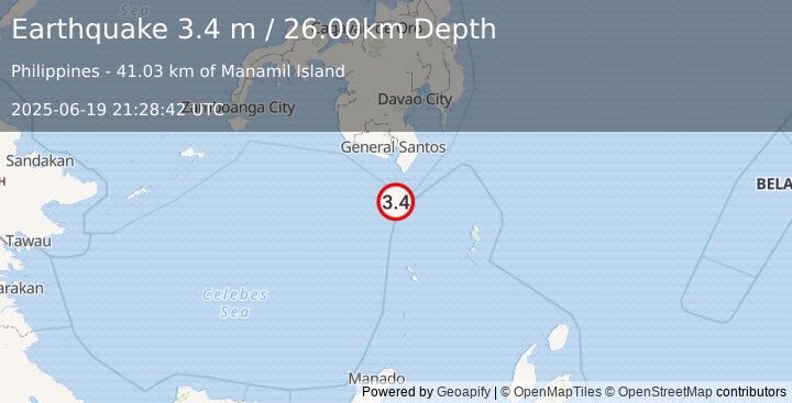 Earthquake MINDANAO, PHILIPPINES (3.4 m) (2025-06-19 21:28:42 UTC)