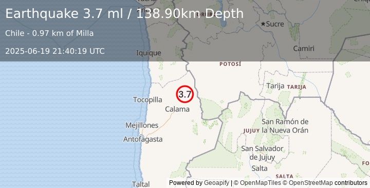 Earthquake ANTOFAGASTA, CHILE (3.7 ml) (2025-06-19 21:40:19 UTC)