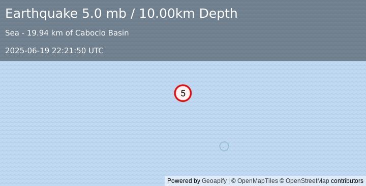 Earthquake CENTRAL MID-ATLANTIC RIDGE (5.0 mb) (2025-06-19 22:21:46 UTC)