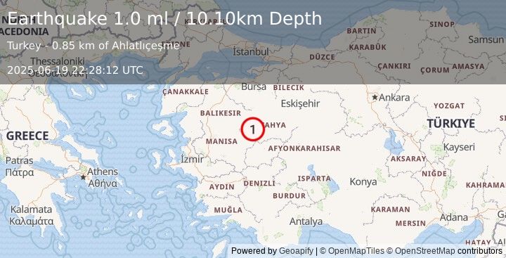 Earthquake WESTERN TURKEY (1.0 ml) (2025-06-19 22:28:12 UTC)