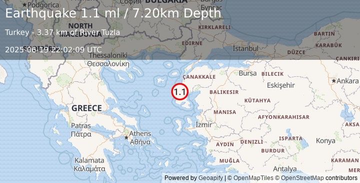 Earthquake NEAR THE COAST OF WESTERN TURKEY (1.1 ml) (2025-06-19 22:02:09 UTC)
