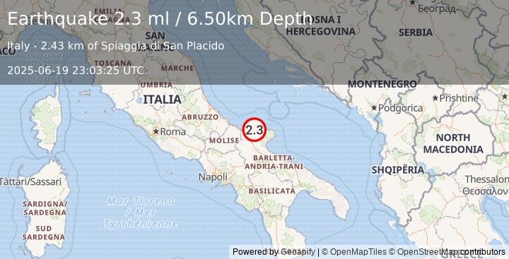 Earthquake SOUTHERN ITALY (2.3 ml) (2025-06-19 23:03:25 UTC)