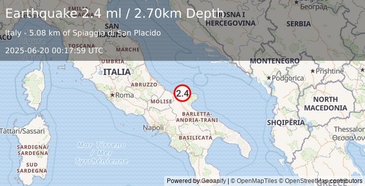 Earthquake SOUTHERN ITALY (2.4 ml) (2025-06-20 00:17:59 UTC)