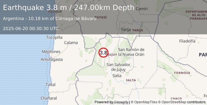 Earthquake JUJUY, ARGENTINA (3.8 ml) (2025-06-20 00:30:07 UTC)