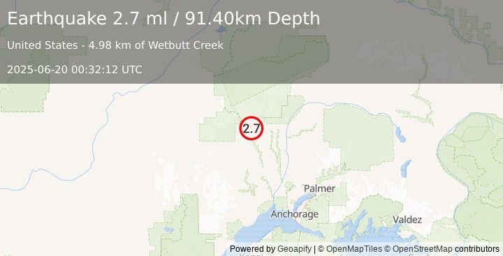 Earthquake CENTRAL ALASKA (2.7 ml) (2025-06-20 00:32:12 UTC)