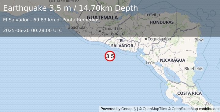 Earthquake OFFSHORE EL SALVADOR (3.5 m) (2025-06-20 00:28:00 UTC)