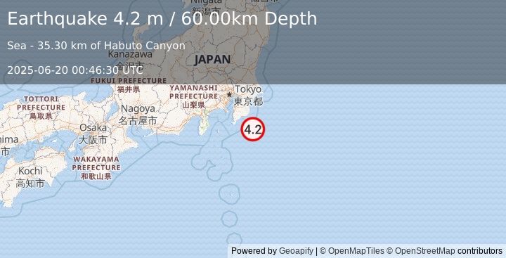 Earthquake NEAR EAST COAST OF HONSHU, JAPAN (4.2 m) (2025-06-20 00:46:30 UTC)