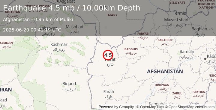 Earthquake WESTERN AFGHANISTAN (4.5 mb) (2025-06-20 00:41:19 UTC)