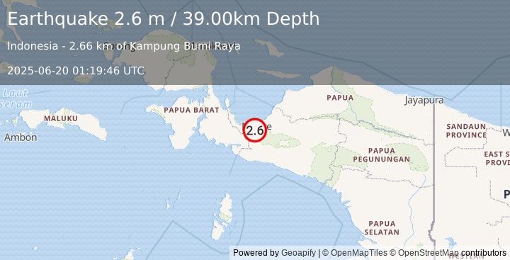 Earthquake PAPUA, INDONESIA (2.6 m) (2025-06-20 01:19:46 UTC)