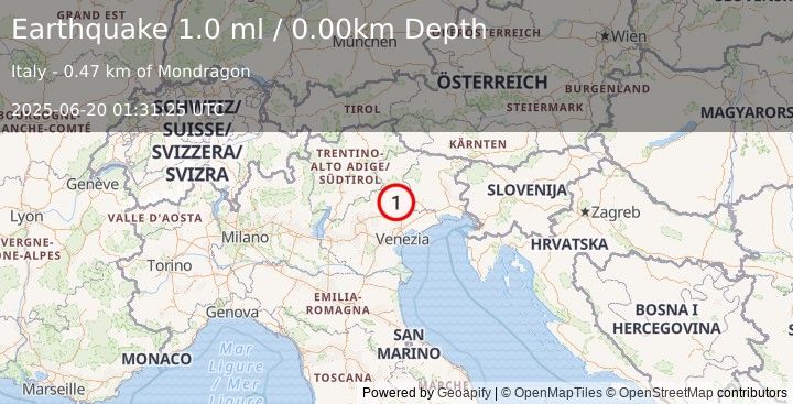 Earthquake NORTHERN ITALY (1.0 ml) (2025-06-20 01:31:25 UTC)