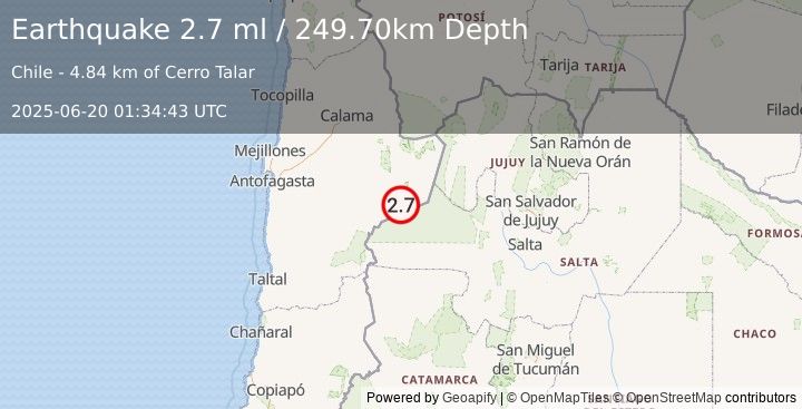 Earthquake ANTOFAGASTA, CHILE (2.7 ml) (2025-06-20 01:34:43 UTC)