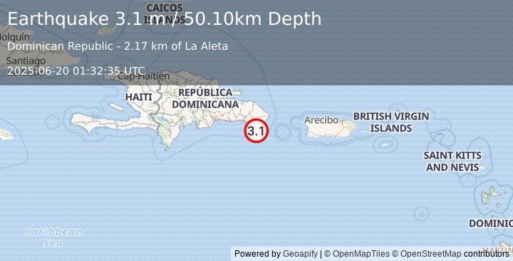 Earthquake ISLA SAONA, DOMINICAN REPUBLIC (3.1 m) (2025-06-20 01:32:35 UTC)