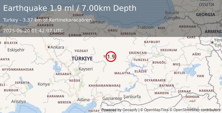 Earthquake CENTRAL TURKEY (1.9 ml) (2025-06-20 01:42:07 UTC)