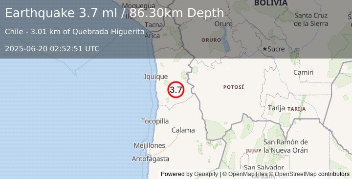 Earthquake TARAPACA, CHILE (3.7 ml) (2025-06-20 02:52:50 UTC)
