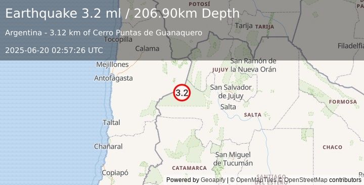 Earthquake SALTA, ARGENTINA (3.2 ml) (2025-06-20 02:57:26 UTC)
