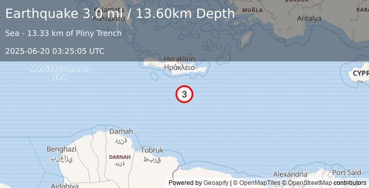 Earthquake CRETE, GREECE (3.0 ml) (2025-06-20 03:25:05 UTC)