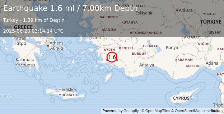Earthquake WESTERN TURKEY (1.6 ml) (2025-06-20 03:14:14 UTC)