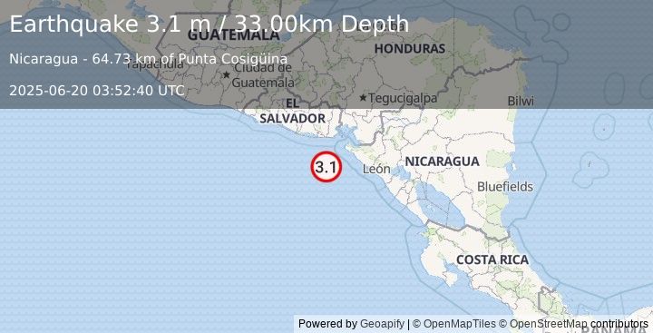Earthquake NEAR COAST OF NICARAGUA (3.1 m) (2025-06-20 03:52:40 UTC)