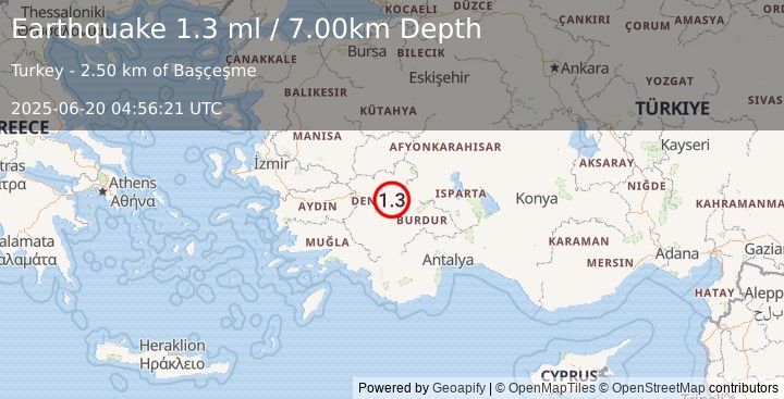 Earthquake WESTERN TURKEY (1.3 ml) (2025-06-20 04:56:21 UTC)