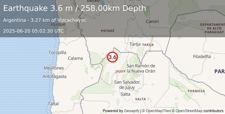 Earthquake JUJUY, ARGENTINA (3.6 m) (2025-06-20 05:02:30 UTC)