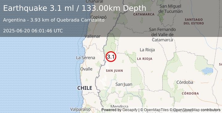 Earthquake SAN JUAN, ARGENTINA (3.1 ml) (2025-06-20 06:01:46 UTC)