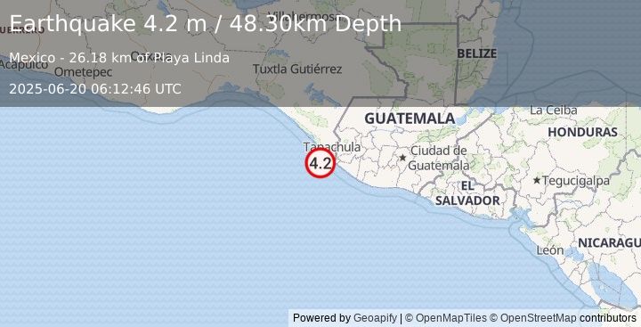Earthquake OFFSHORE CHIAPAS, MEXICO (4.2 m) (2025-06-20 06:12:46 UTC)