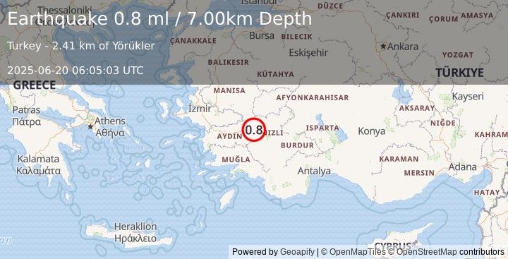 Earthquake WESTERN TURKEY (0.8 ml) (2025-06-20 06:05:03 UTC)