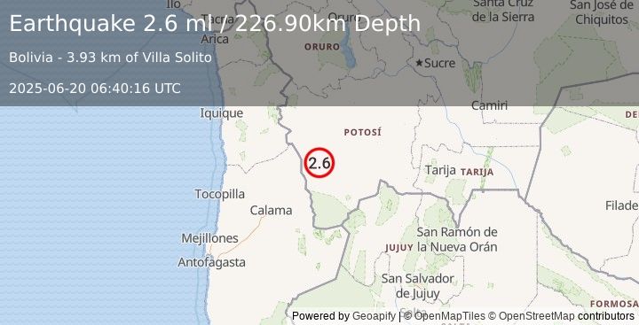 Earthquake POTOSI, BOLIVIA (2.6 ml) (2025-06-20 06:40:16 UTC)