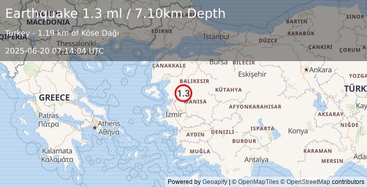 Earthquake WESTERN TURKEY (1.3 ml) (2025-06-20 07:14:04 UTC)