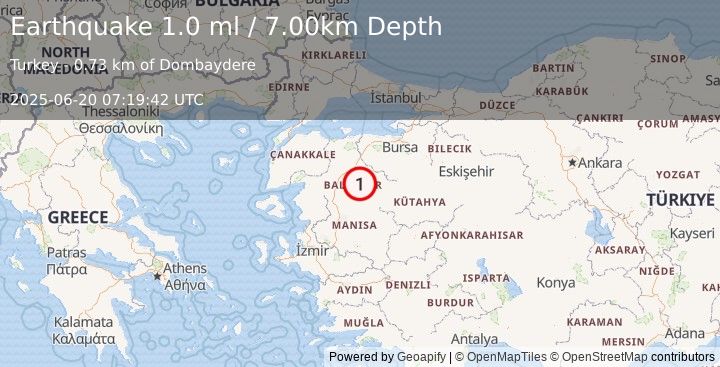 Earthquake WESTERN TURKEY (1.0 ml) (2025-06-20 07:19:42 UTC)