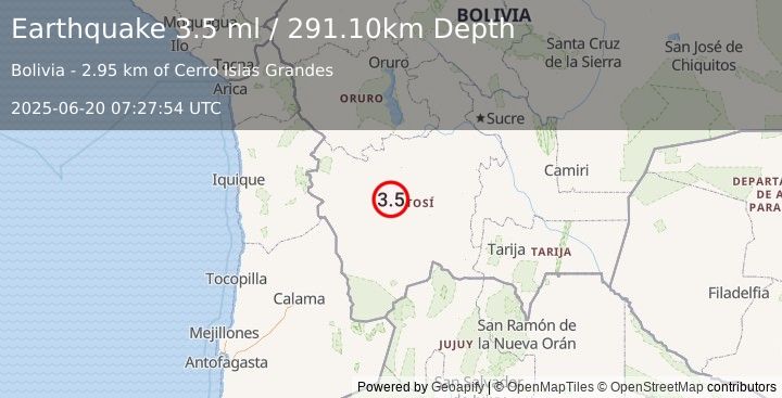 Earthquake POTOSI, BOLIVIA (3.5 ml) (2025-06-20 07:27:54 UTC)