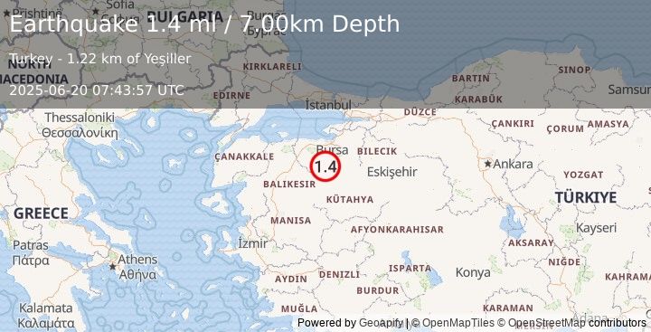 Earthquake WESTERN TURKEY (1.4 ml) (2025-06-20 07:43:57 UTC)