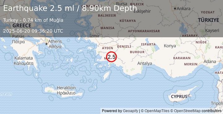 Earthquake WESTERN TURKEY (2.5 ml) (2025-06-20 09:36:20 UTC)