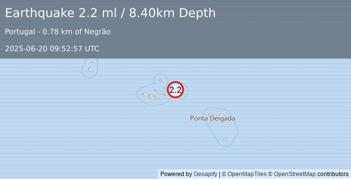 Earthquake AZORES ISLANDS, PORTUGAL (2.2 ml) (2025-06-20 09:52:57 UTC)