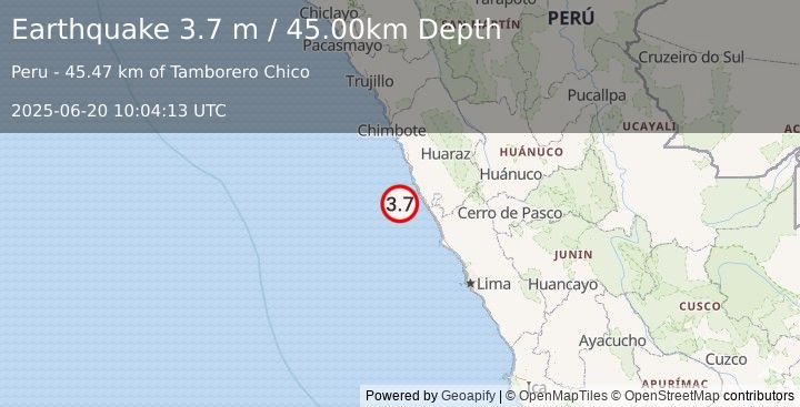 Earthquake NEAR COAST OF CENTRAL PERU (3.7 m) (2025-06-20 10:04:13 UTC)