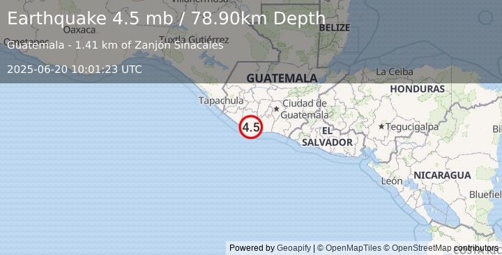 Earthquake GUATEMALA (4.5 mb) (2025-06-20 10:01:22 UTC)