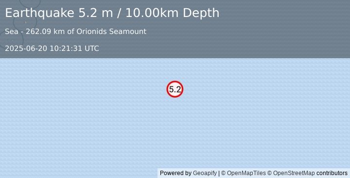Earthquake EAST OF SOUTH SANDWICH ISLANDS (5.1 mb) (2025-06-20 10:21:30 UTC)