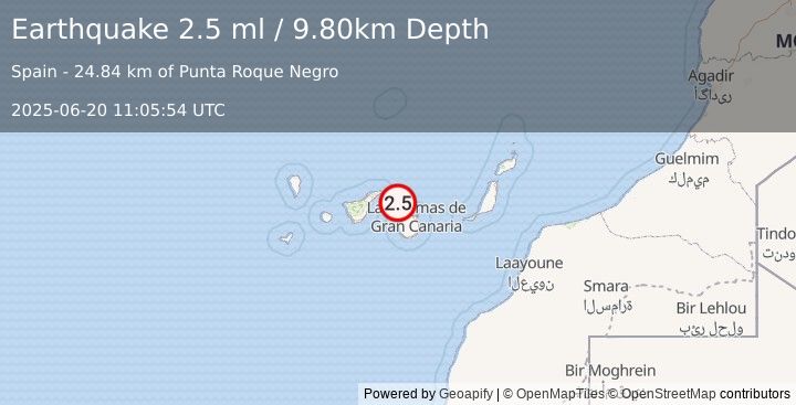 Earthquake CANARY ISLANDS, SPAIN REGION (2.5 ml) (2025-06-20 11:05:54 UTC)