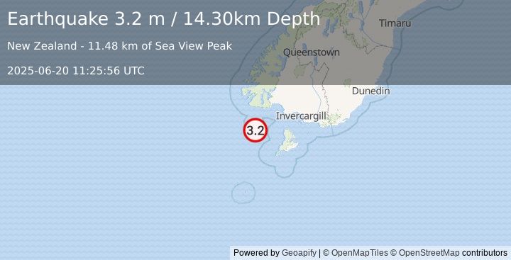 Earthquake OFF W. COAST OF S. ISLAND, N.Z. (3.2 m) (2025-06-20 11:25:56 UTC)