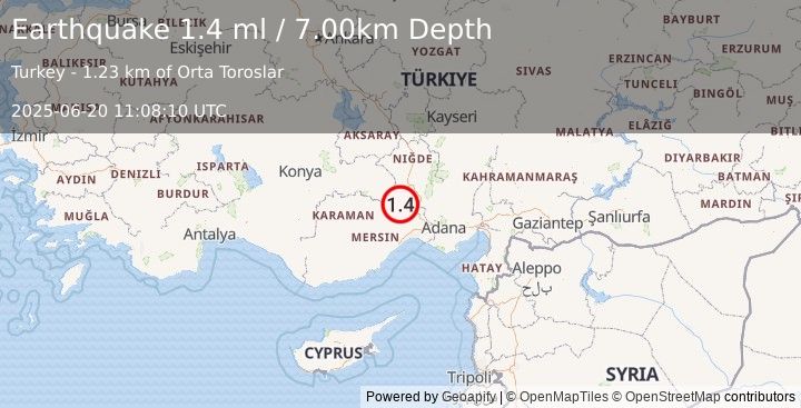 Earthquake CENTRAL TURKEY (1.4 ml) (2025-06-20 11:08:10 UTC)