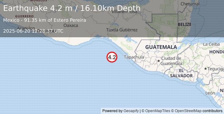 Earthquake OFFSHORE CHIAPAS, MEXICO (4.2 m) (2025-06-20 12:28:37 UTC)