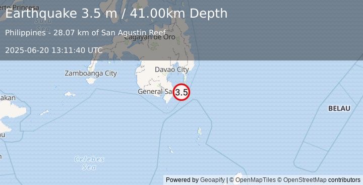 Earthquake MINDANAO, PHILIPPINES (3.5 m) (2025-06-20 13:11:40 UTC)