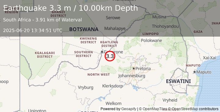 Earthquake SOUTH AFRICA (3.3 m) (2025-06-20 13:34:51 UTC)