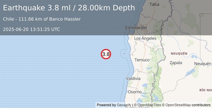 Earthquake OFF COAST OF ARAUCANIA, CHILE (3.8 ml) (2025-06-20 13:51:25 UTC)