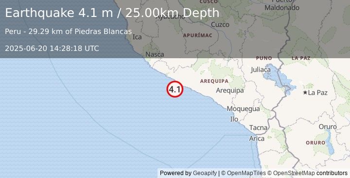 Earthquake NEAR COAST OF SOUTHERN PERU (4.1 m) (2025-06-20 14:28:18 UTC)