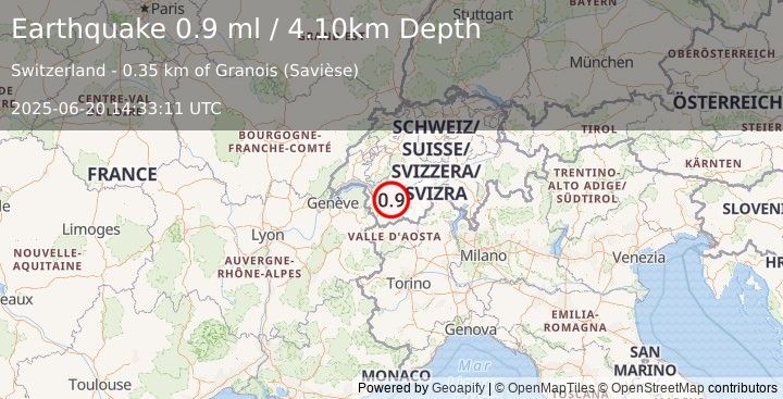 Earthquake SWITZERLAND (0.9 ml) (2025-06-20 14:33:11 UTC)