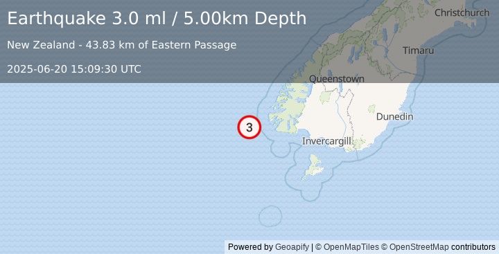Earthquake OFF W. COAST OF S. ISLAND, N.Z. (3.0 ml) (2025-06-20 15:09:30 UTC)