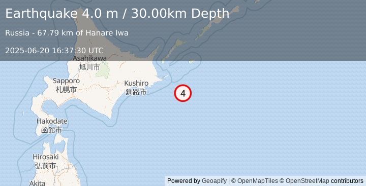 Earthquake OFF COAST OF HOKKAIDO, JAPAN (4.0 m) (2025-06-20 16:37:30 UTC)